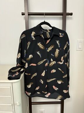 Black Button-Up Shirt with Feather Pattern. So pretty and feminine.